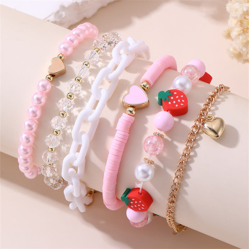 Wholesale Red polymer clay strawberry pearl girl' s bracelet